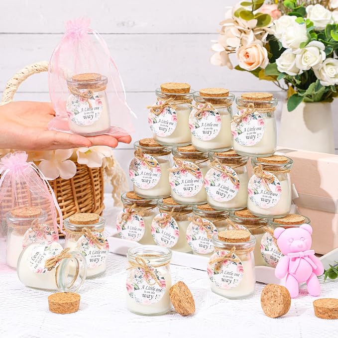 Threlaco 20 Pcs Flower Baby Shower Favors Party Candle Lavender Scented Glass Mason Jar Wax Candle Bulk for Guests Girl Boy Gender Reveal Party Gifts(Colorful)