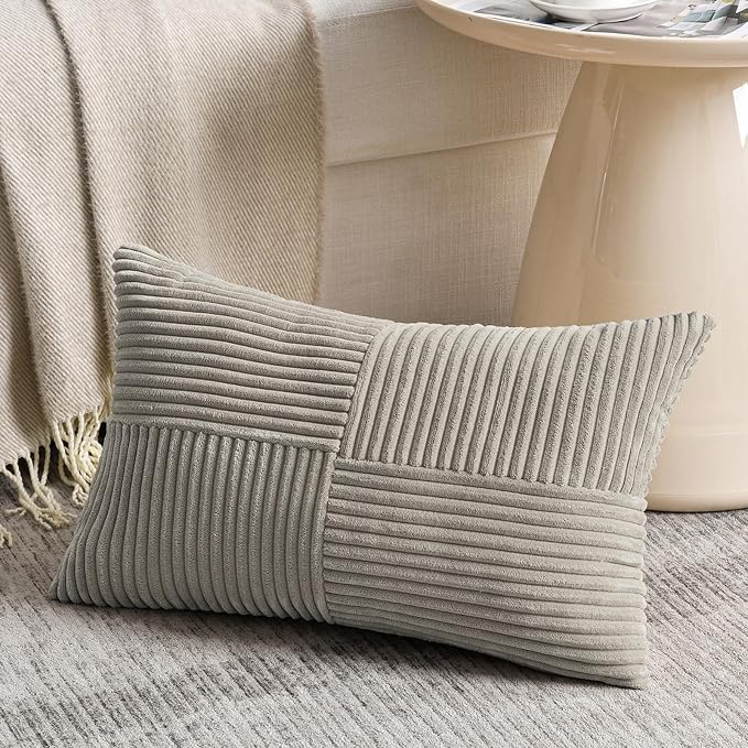 Fancy Homi Grey Lumbar Decorative Throw Pillow Covers 16x28 Inch for Living Room Couch Bed Sofa, Rustic Farmhouse Boho Home Decor, Soft Striped Corduroy Rectangle Accent Cushion Case 40x70 cm