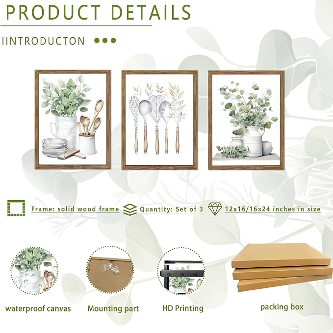 Sage Green Kitchen Canvas Wall Art Set of 3 – Framed Minimalist Eucalyptus Leaves Wall Decor Artwork, Modern Dining Room Plant Pictures Poster Prints for kitchen Home Decoration – 12x16in
