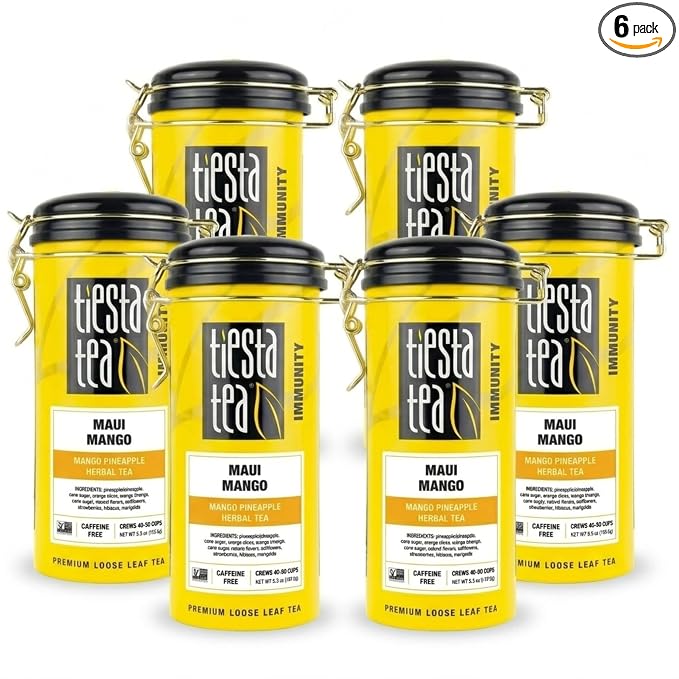 Tiesta Tea - Maui Mango, Loose Leaf, Mango Pineapple Herbal Tea, Premium Non-Caffeinated Blend, Make Hot or Iced, Brews Up to 50 Cups, 33 Ounce Refillable Tin, Pack of 6