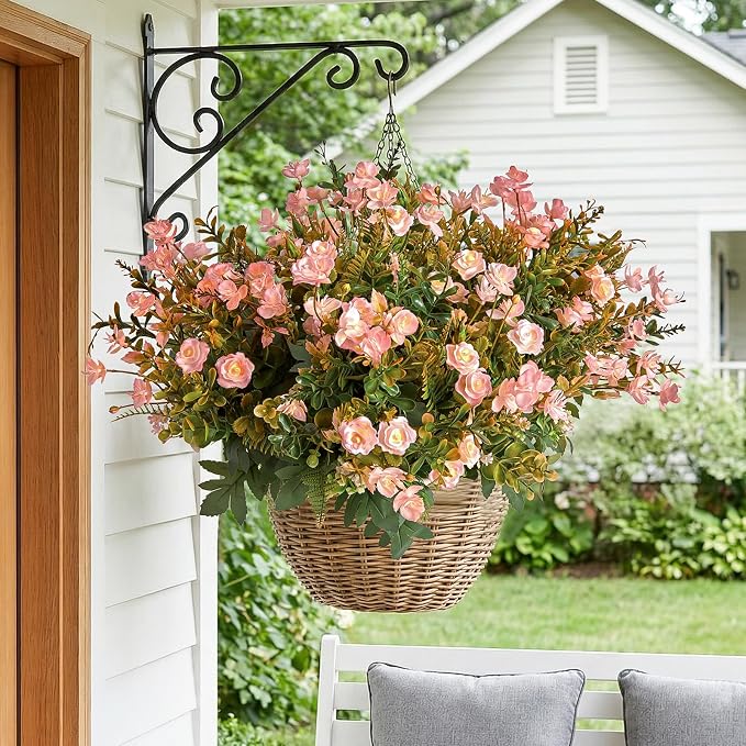 RM ROOMERS Artificial Flowers Plants for Outdoors, Fake Flowers Pink Rose | Pink Mini Rose UV Resistant Faux Flower for Garden Porch Windowbox Front Door Yard, No Fade Home Vase Decor (4 Bundles)
