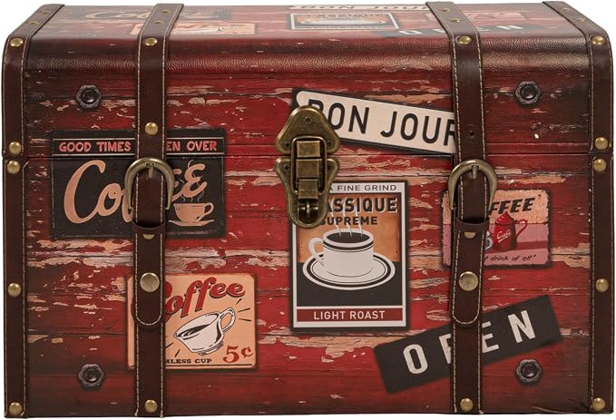 Household Essentials Medium Decorative Storage Trunk Faux Decoupage with Leather and Metal Accents, Antique Brown