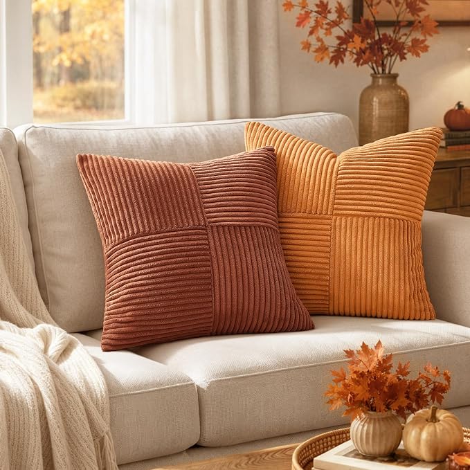 MIULEE Fall Rust Boho Decorative Throw Pillow Covers for Couch 18x18 Inch | 2 Pack, Boho Farmhouse Pillow Covers, Soft Cross Corduroy Patchwork Textured Cushion Cases For Bed Sofa