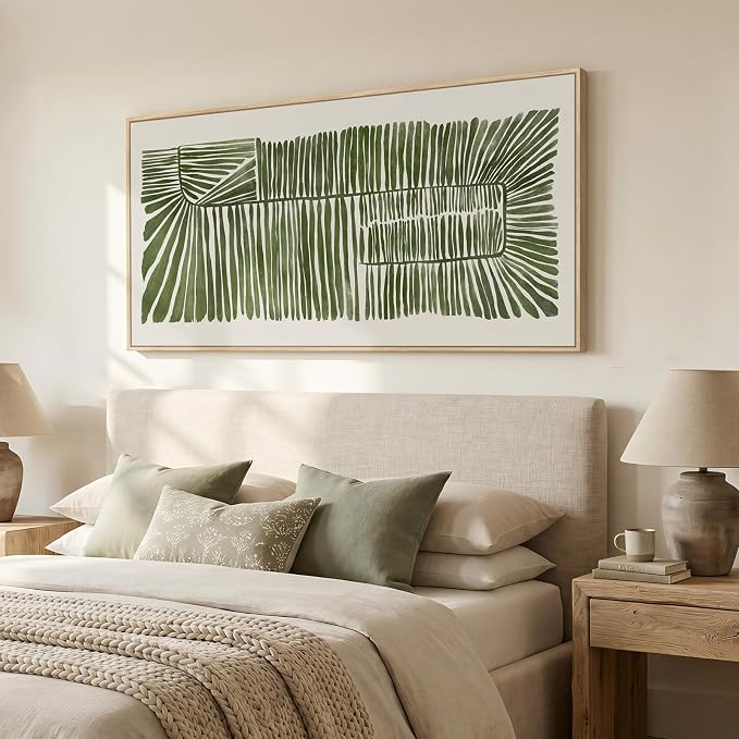 Large Framed Horizontal Green Abstract Botanical Canvas Wall Art, 60x30 In | Modern organic pictures, Minimalist artwork for walls, Wood frame, Canvas prints, Wall decor for living room, Bedroom, Dining