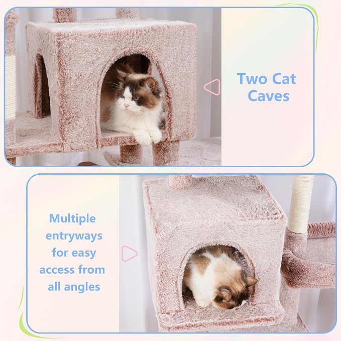 Hey-brother Cat Tree Tower with Stable Extended Base, 3 Platforms, MPJ038MU | 70.9 Inches Multi-Level Sisal Scratching Posts, Wide Bed, 2 Cozy Condos, 2 Hammocks, Toy Balls for Indoor Cats, Muchroom