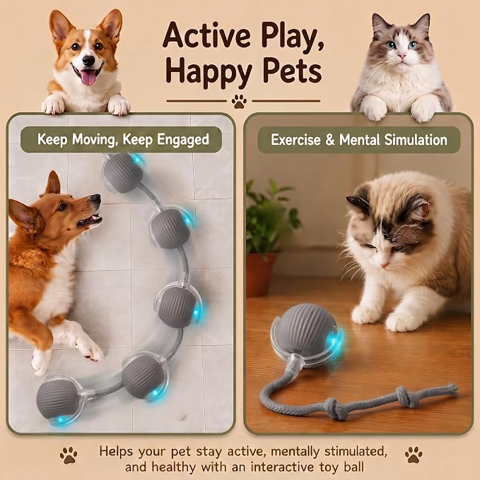 Interactive Cat Toy Automatic Moving Ball, Indoor Cats, Rechargeable, Gray