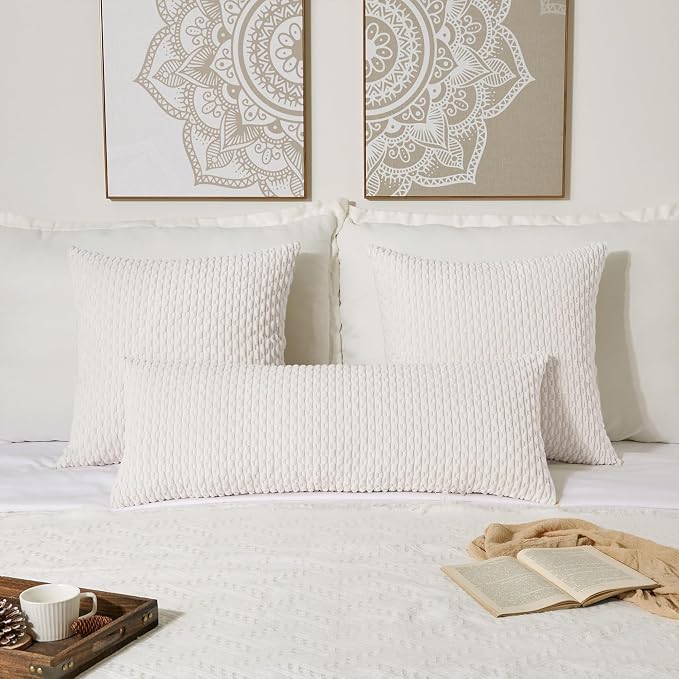 Kevin Textile Soft Corduroy 12"x20" Lumbar Pillow Cover 1 Pack, Pure White | Boho Stripe Plush Corduroy Decorative Oblong Cushion Cover Modern Farmhouse Home Decor for Sofa Couch Bed Chair