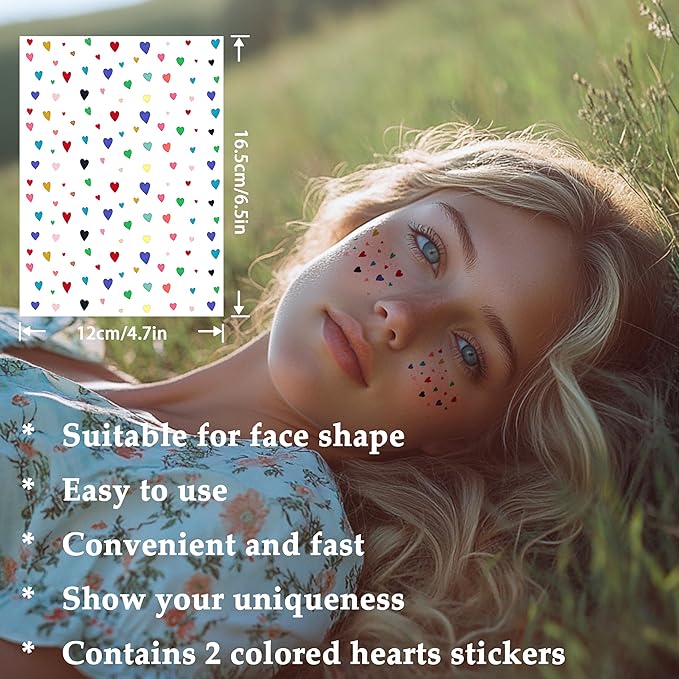 2pcs Makeup Stickers,Waterproof Face Colorful Love Heart Temporary Tattoo Stickers,Masquerade Stickers,Wedding Face Makeup Stickers for Women.
