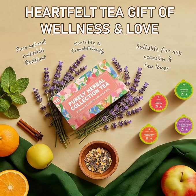 Wellness Loose Leaf Tea Collection Gift Set, 7 Flavors Assorted Herbal Tea For Tea Lovers, Birthday, Mother's Day, Anniversary, Christmas Gift for Men/Women （16 Cans/1 Box)