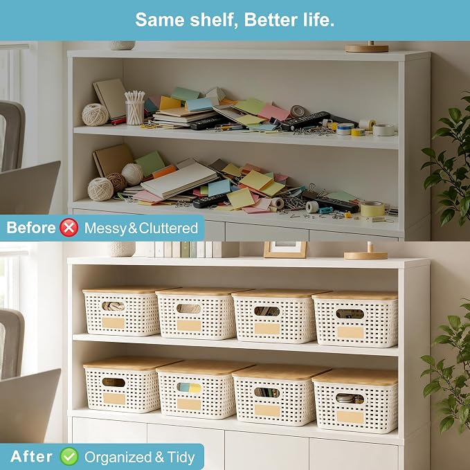 Small Plastic Storage Bins with Bamboo Lids 5.2qt Stackable Box Basket Pantry Decorative Containers Cute with Labels for Organizing Desktop Closet Office Cream White of 6 packs 10*7.2*4.1"