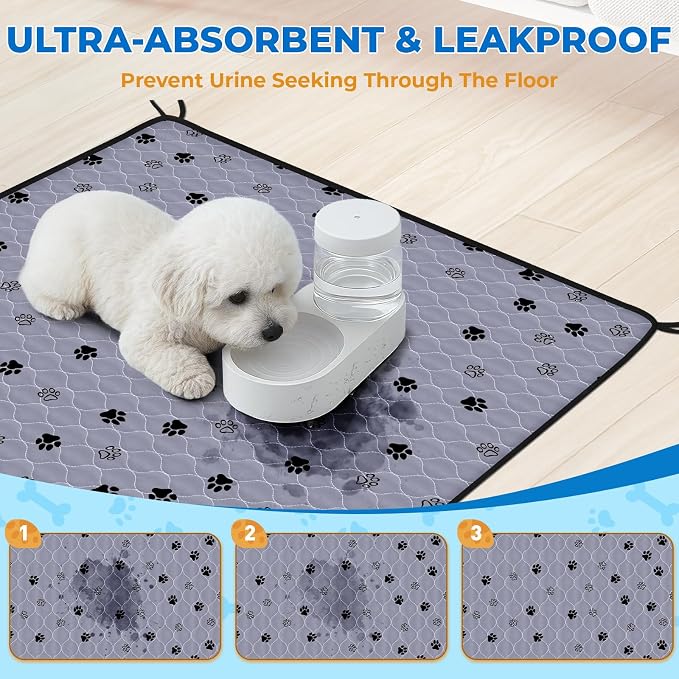 Fostanfly Washable Pee Pads for Dogs, Extra Large 72"x72"-2 Pack, Gray | Reusable Potty Pads, Non-Slip, Leakproof & Absorbent, Pet Mat for Puppy/Senior Dog Whelping Incontinence with 8 Tie Straps