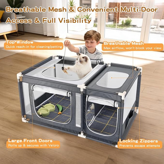 2-in-1 Cat Playpen 46x29.5x23in Enclosure with Litter Box Area