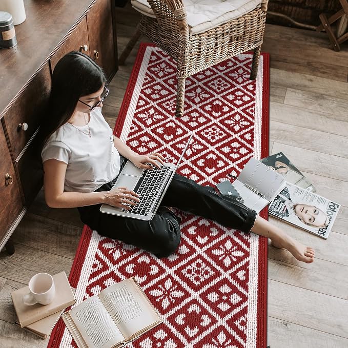 Ileading Runner Rugs for Hallways 2x10ft Heavy-Duty Durable Red Entryway Floor Mat with Non Slip Rubber Backing for Busy Traffic Extended Doormat Machine Washable Kitchen Throw Rug Valentine's Day