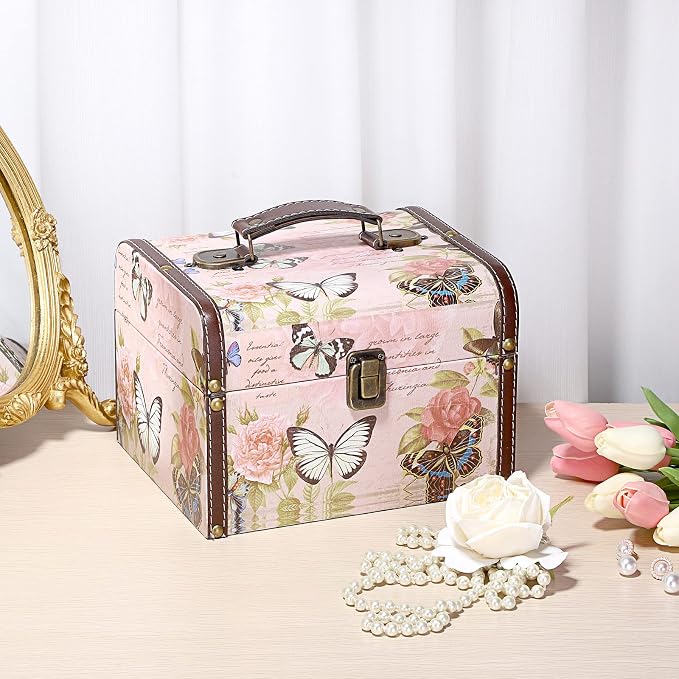 ELLDOO Decorative Treasure Chest Box, Wooden + PU Leather Storage Box for Jewelry Trinkets, Keepsakes box for Girls Women Gifts (Butterfly Pattern, Large)