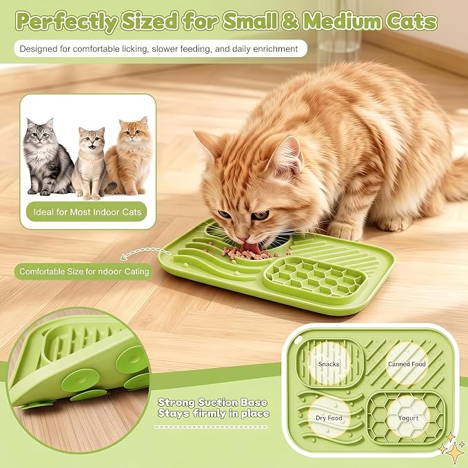 AZY 5-Piece Slow Feeder Cat Bowl Set with Strong Suction Cups | Silicone Lick Mat, Cat Treat Dispenser, Food Spoon & 2 Reusable Can Covers for Wet Food, Whisker-Friendly & Dishwasher Safe