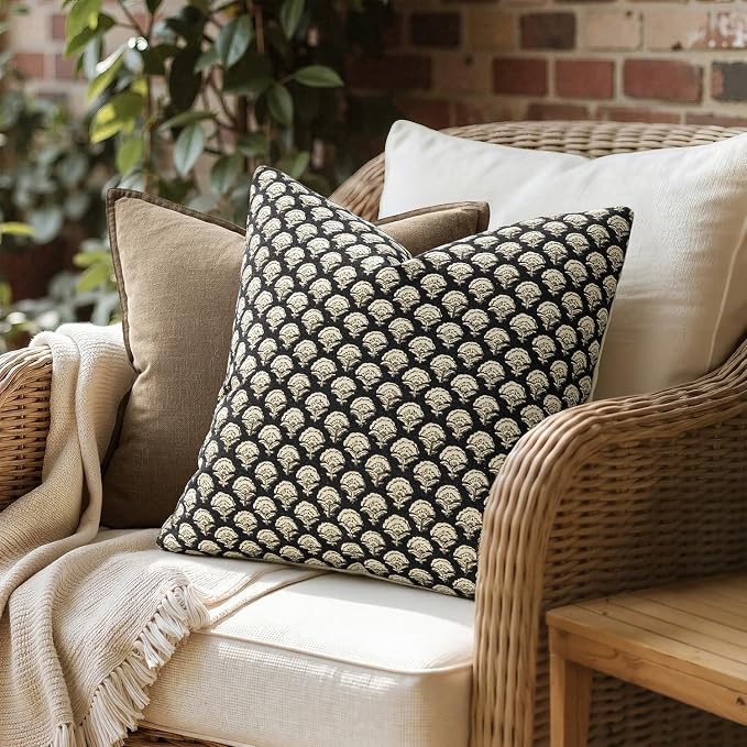 MIULEE Floral Print Decorative Euro Pillow Covers 22x22, Black Gold | Vintage Boho Farmhouse Modern Home Decor, Set of 2, Block Print Cushion Covers for Couch Sofa Bed Living Room
