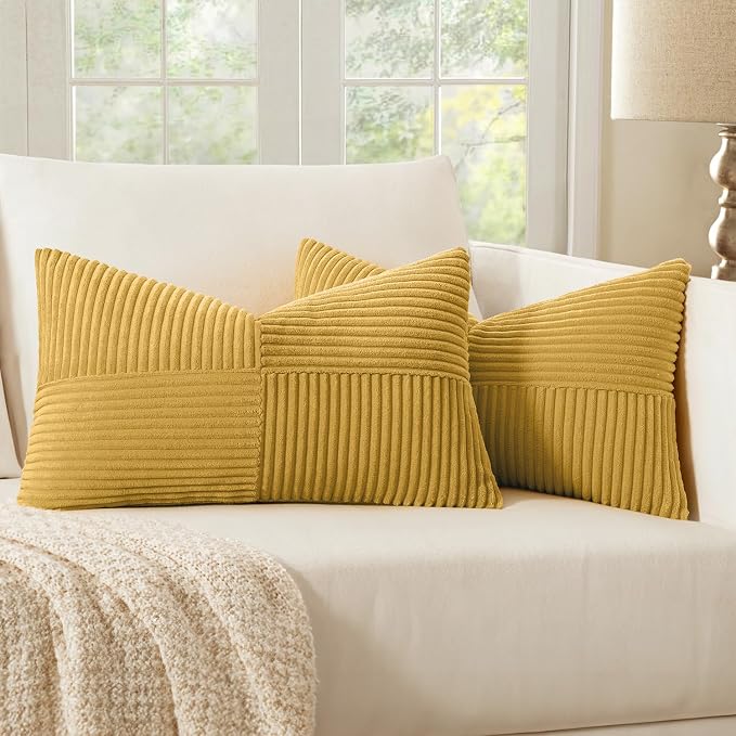 MIULEE Golden Mustard Decorative Lumbar Throw Pillow Covers 12x20 in 2 Pack | Boho Farmhouse Pillow Covers, Soft Cross Corduroy Patchwork Textured Cushion Cases For Bed Sofa