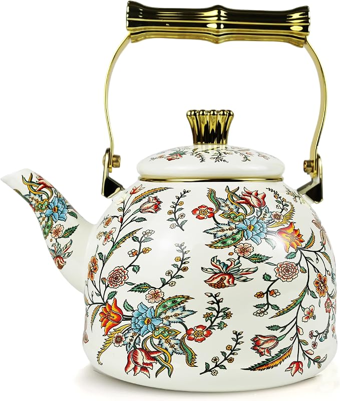 Vintage Enamel Tea Kettle Boho Floral Stovetop Teapot 2.5L Colorful Bohemian Enamel Kettle Kitchen Decor Hot Water Coffee Pot with Gold Handle