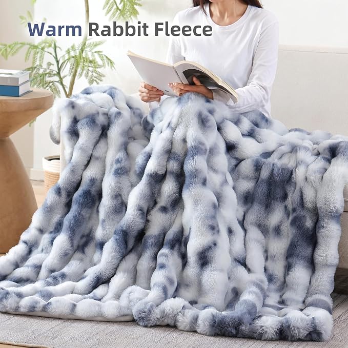 Faux Fur Throw for Couch - Tie-dye Blue Bubble Blanket 50"x60" | Fluffy Plush Fuzzy Throw for Sofa & Bed, Super Soft Cozy Comfrt Blanket, Luxury Aesthetic Blue Decor Gift for Women