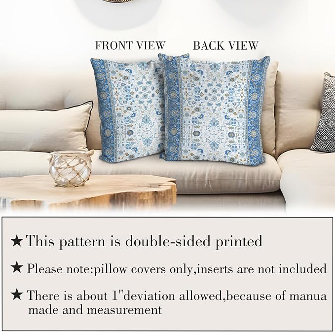 Boho Floral Throw Pillow Covers 18x18 inch Set of 2,Blue Boho Rug Geometric Floral Pattern Decor Double Sided Pattern Cushion Cover Soft Pillow Case Living Sofa Room Bed Square Pillow Cover