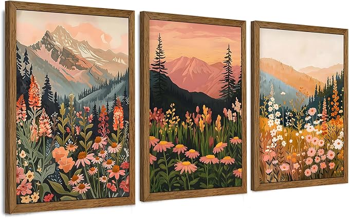 WRFON Botanical and Flower Canvas Wall Art, Framed Mountain Landscape Wall Art Set of 3, Wildflower Meadow Canvas Print, Rustic Nature Decor for Living Room Bedroom Cabin Lodge Farmhouse Decor, 20x30