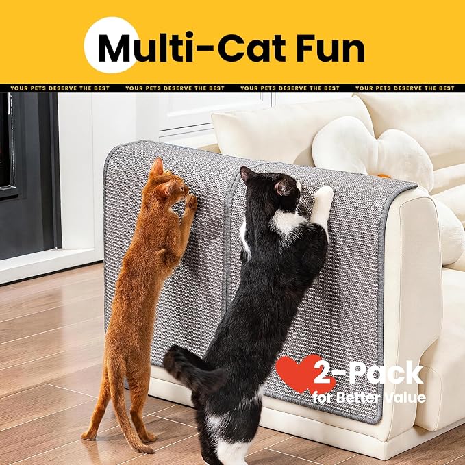 Conlun Cat Scratcher Mat,Natural Sisal Cat Scratch Pad with Hook&Loop Tape,Horizontal Floor Kitty Scratching Pads Rug for Indoor,Cat Furniture Protector for Couch&Carpets&Sofas, Medium, Grey, 2 Pack | High-density Sisal Mat, No Fraying, Mess-free, Anti...