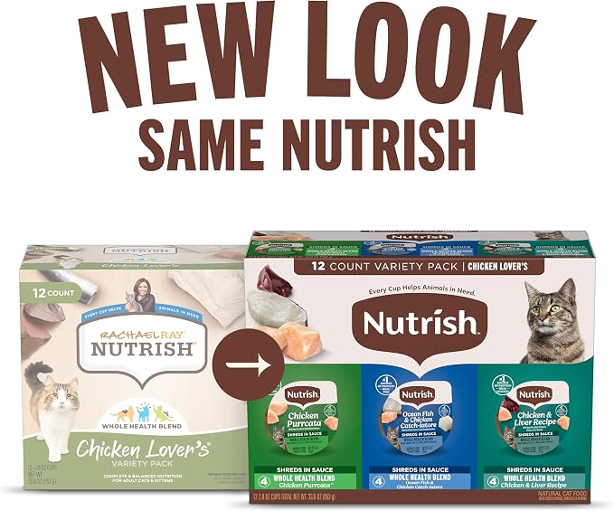 Nutrish Chicken Lover's Wet Cat Food Variety Pack, 2.8 oz Cup (Rachael Ray) | Includes 12 Cups of Three Grain Free Recipes: Chicken Purrcata, Ocean Fish & Chicken Catch-iatore and Chicken & Liver