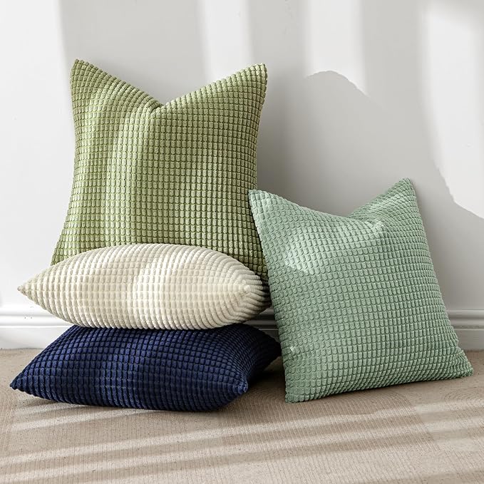 MIULEE Farmhouse Decorative Pillow Covers 18x18 Inch Set of 4 Muted Teal | Modern Natural Rustic Throw Pillows, Neutral Warm Soft Corduroy Couch Pillowcases, Home Decor for Sofa Living Room Bed
