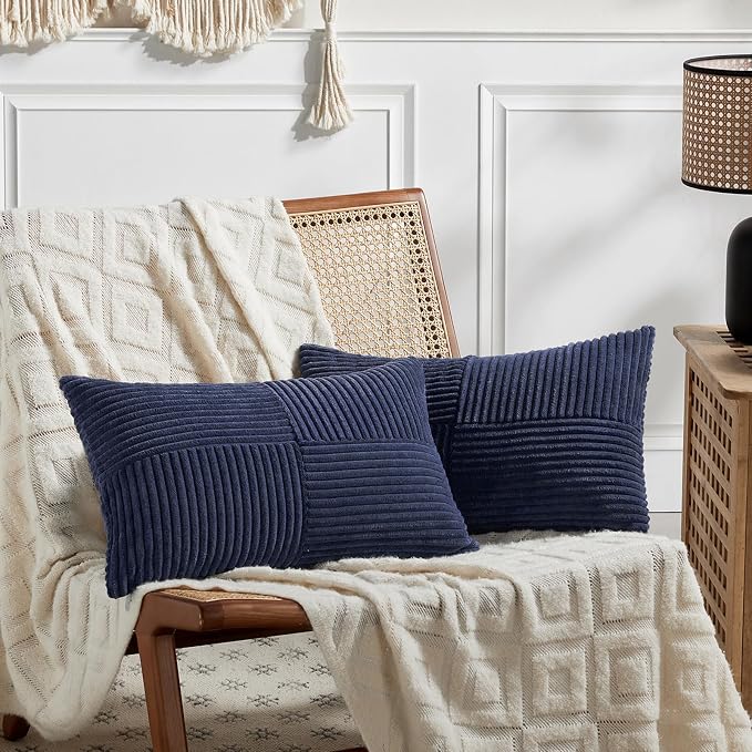 Fancy Homi Navy Blue Lumbar Decorative Throw Pillow Covers 16x28 Inch for Living Room Couch, Rustic Farmhouse Boho Home Decor, Soft Striped Corduroy Rectangle Accent Cushion Case 40x70 cm