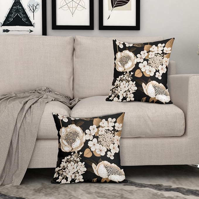 Vintage Flowers Pillow Covers 22X22 Inch Set of 2 White Floral Gold Leaves Botanical Decorative Pillow Cases Rustic Black Cotton Linen Cushion Case Farmhouse Home Decor for Sofa Couch Living Room
