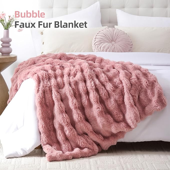 Faux Rabbit Fur Throw for Couch - Old Pink Bubble Blanket 50"x60" | Fluffy Plush Fuzzy Throw for Sofa & Bed, Super Soft Cozy Comfrt Blanket, Luxury Aesthetic Pink Decor Gift for Women