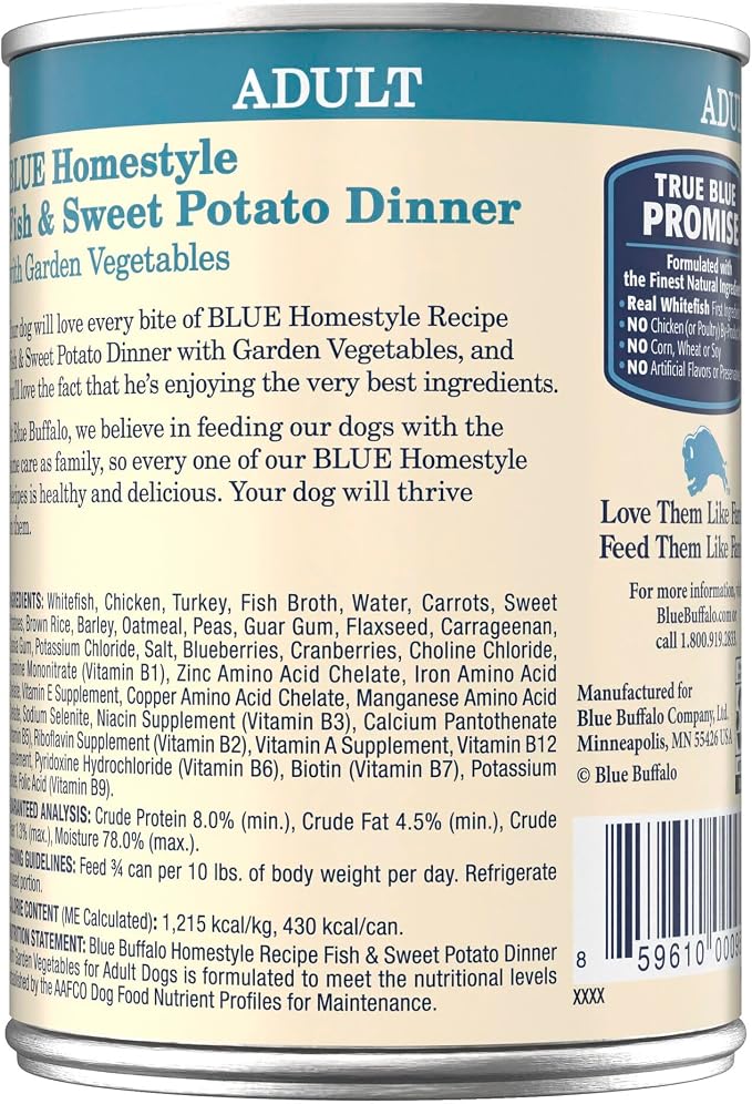 Blue Buffalo Homestyle Recipe Adult Wet Dog Food,Made with Natural Ingredients,Fish & Sweet Potato Dinner with Garden Vegetables,12.5-oz can,(Pack of 24)