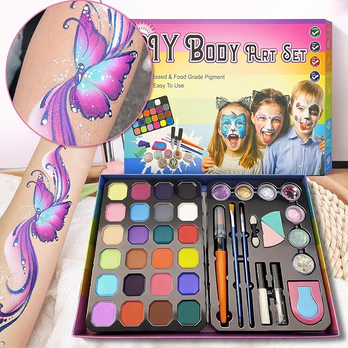 Face Painting Kit DIY Body Art Set - 24 Colors With Stencils Brushes and Hair Chalk - Professional Body Makeup Kit for Parties Birthdays Halloween