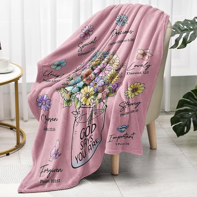 Christian Birthday Gifts for Women, Christian Religious Blanket with Flower | Birthday Gifts for Women, Spiritual Baptism Gifts for Grandma Mom Daughter Girls Wife, Soft Throw Blanket 80''x 60'', Pink