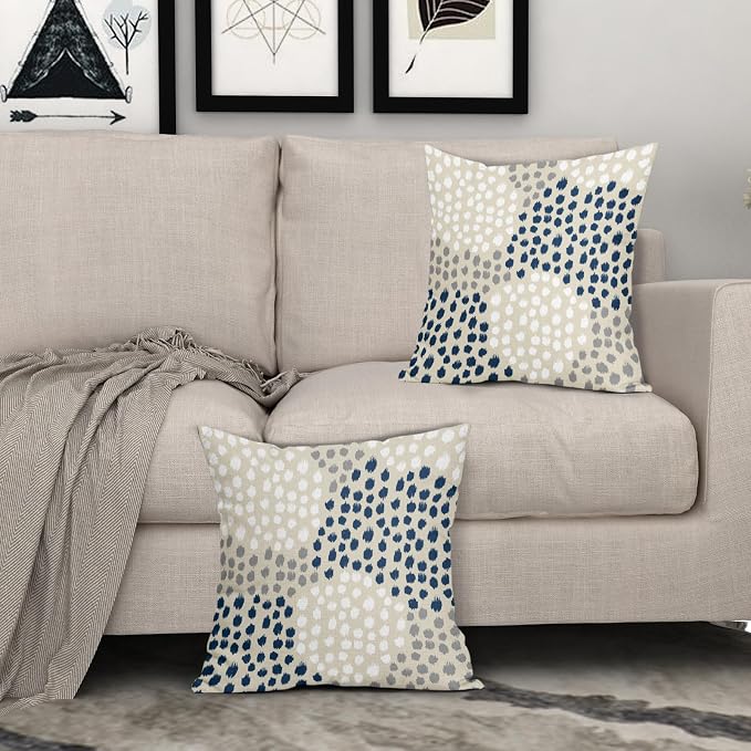 Blue White Pillow Covers 18x18 Set of 2 Boho Gray Polka Dot Throw Pillows Modern Trendy Print Decorative Outdoor Farmhouse Pillowcase Cushion Cover Linen Pillow Case Decor for Home Sofa Couch Bed