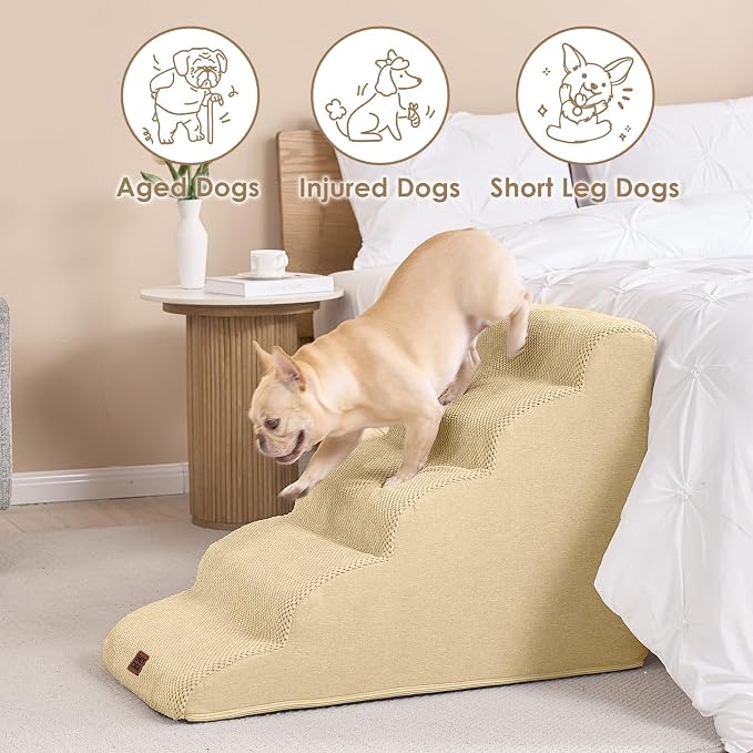 EHEYCIGA Curved Dog Stairs Ramp, 5-Step High Beds, 22.6" H Pet Step | 33D density of pure foam, for Small Dogs and Cats, Pet Stairs for High Bed Climbing, Non-Slip Balanced Indoor, Graige