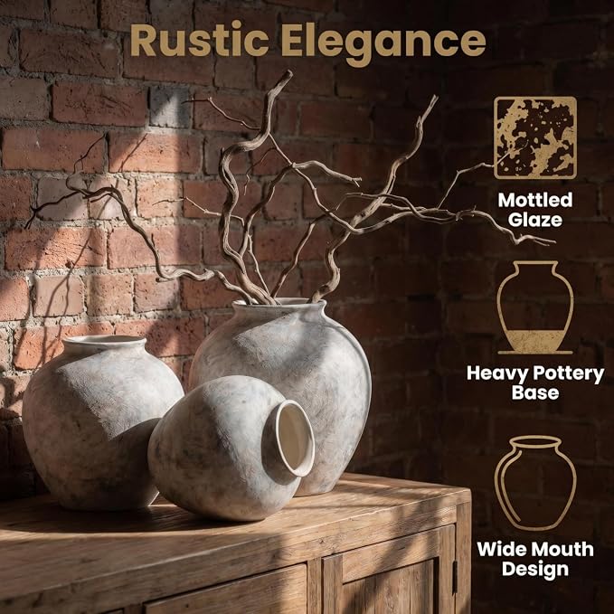 Lvases Aged Stone Rustic Ceramic Farmhouse Home Decor Dried Flower Vase | 8.3in large stone white limestone finish, mediterranean tuscan aged cement look, rustic table living room decorative vase