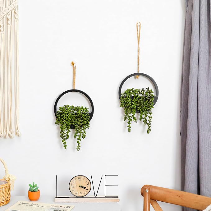 2pcs Artificial Succulents Hanging Plants 12.2'' Fake String of Pearls in Pot with 8.3'' Lanyard for Indoor Outdoor Wall Decor (Black).