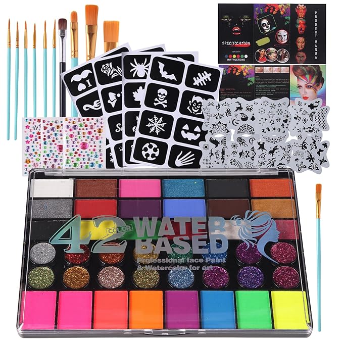 Face Painting Kit for Kids with Book,Stencils,Brushes,Non Toxic Water Activated Face Paint Palette For Halloween,Carnival,Party Costume Makeup Any Creative Activity with Kids (42 Colors)