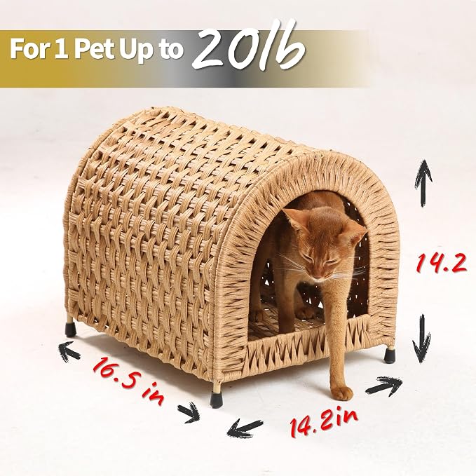 Handwoven Wicker Cat Bed for Cats up to 20 lb, 14.2" H × 14.2" W × 16.5" D | Dome shaped hideaway for cats to feel safe. Woven wicker and raised base for airflow. Natural furniture look. Rinse clean.