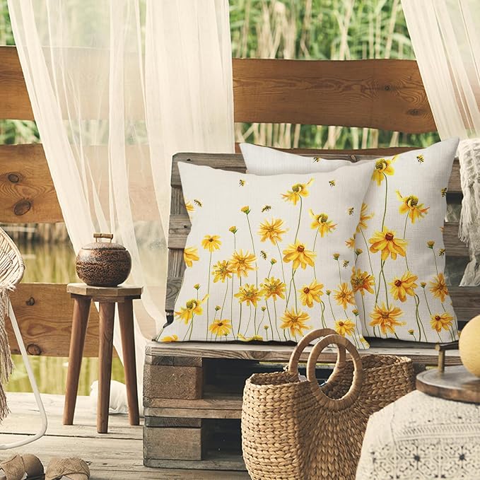 Spring Summer Floral Pillow Covers 18X18 Inch Set of 2 Coreopsis Daisy Yellow Flowers Bee Decorative Pillow Cases Farmhouse Seasonal Cushion Case Farmhouse Home Decor for Sofa Couch Bedroom Outdoor