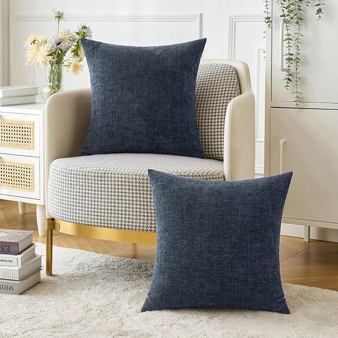 MIULEE Soft Chenille Throw Pillow Covers Dark Navy 16x16 Inch Pack of 2 | Modern Coastal Home Decor, Classic Decorative Pillows, Solid Dyed Cases, Boho Couch Cushion Covers for Sofa Bed Living Room
