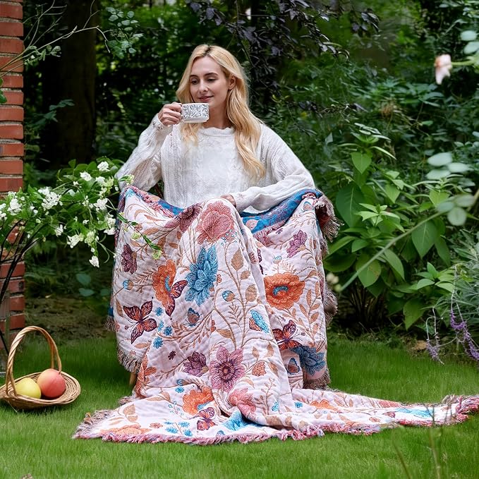 LUTBM Boho Throw Blanket for Couch 50"x60", Cotton Decorative Bed Throw | Reversible Floral Butterfly Jacquard, All-Season Muslin Blanket, Lightweight Throws, For Chair Sofa Bedroom Living Room Decor