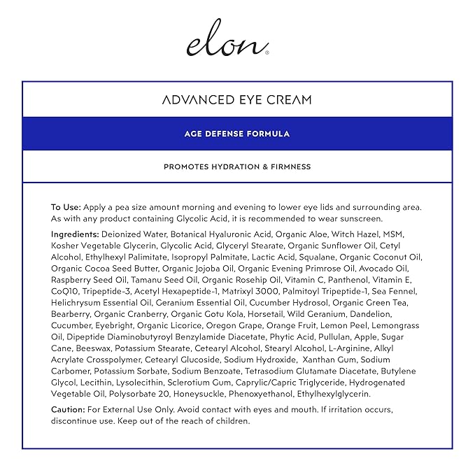 Elon Advanced Eye Cream for Hydrated & Firm Skin – Under Eye Cream w/ CoQ10, Peptides, Hyaluronic Acid Serum & MSM - Anti Aging Cream for Fine Lines & Wrinkles (1oz/30ml)