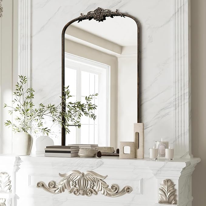 Besdomus Vintage Large Wall Mirror: 24"x42" French Black Arched Decorative | Antique Metal Framed Vanity Mirrors - Baroque Traditional Ornate for Hallway/Bath V/Fireplace - Ideal for Bath Remodeling