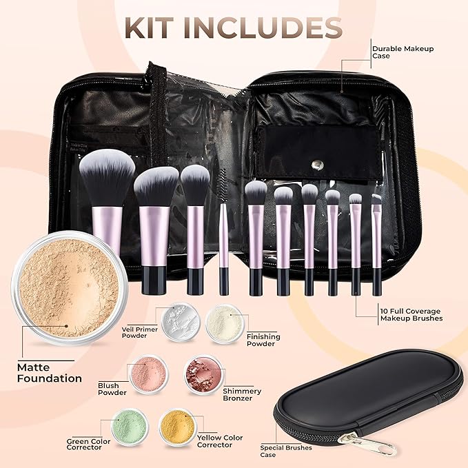 19 pc STARTER KIT w/BRUSHES & CASE (FAIR 2) Mineral Makeup Foundation Blush Bronzer Illuminating Veil Set Bare Skin Matte Powder