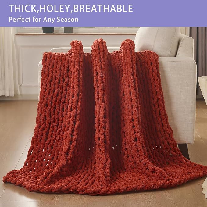 Bigacogo Chunky Knit Throw Blanket for Couch, 40x40 inches, Rust Red | Hand Knit with Jumbo Chenille, Soft Breathable Cable Knit for Sofa Bed Living Room, Machine Washable, Gift for Mom Friend