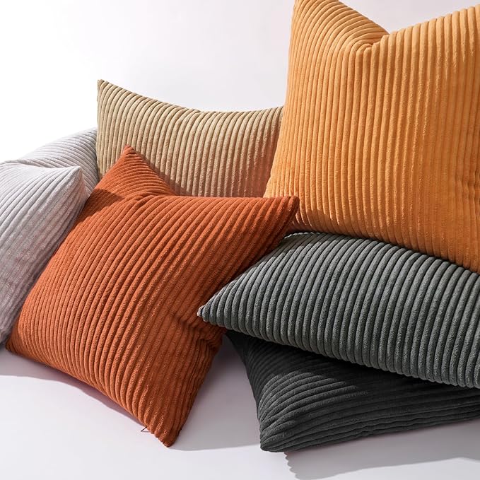 MIULEE Pack of 2 Burnt Orange Pillow Covers 20x20 Inch Soft Striped Corduroy Fall Throw Pillow Covers Set Decorative Square Cushion Cases Pillowcases for Sofa Bedroom Couch | Decorative Striped Textured Cushion Cases, Boho Rustic Square Pillowcases, Ho...