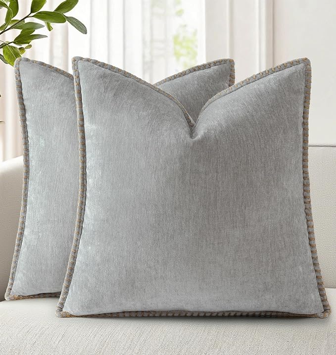 decorUhome Soft Chenille Throw Pillow Covers 22x22 Set of 2 Neutral Gray | Fall Textured Decorative Throw Pillow Cases Stitched Edge Modern Farmhouse Luxury Boho Velvet for Couch Sofa Bed Home Decor