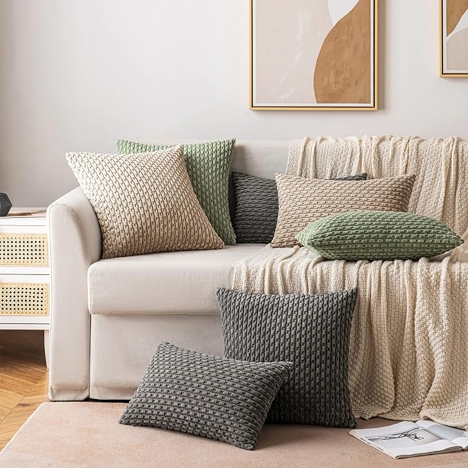 MIULEE Lumbar Decorative Throw Pillow Covers 12x20 Neutral Tan Corduroy | Textured Striped Pack of 2 Striped Pillow Covers Modern Farmhouse Fall Home Decor for Couch Bed Sofa Living Room
